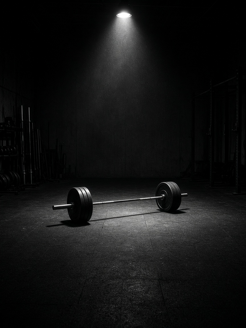 An empty gym, one barbell, one light